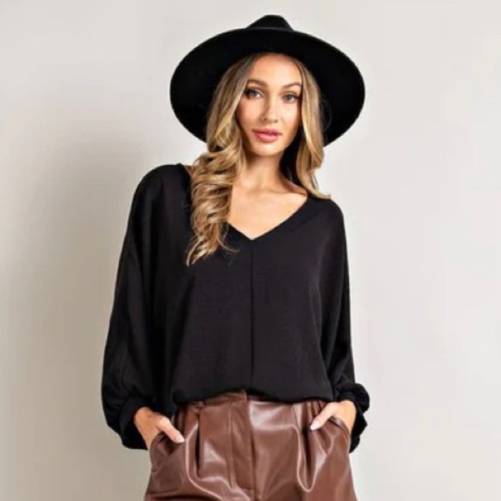 Black Puff Sleeve V-Neck Top